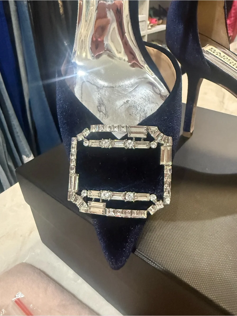 BADGLEY MISCHKA ankle Strap Embellished Marlow navy Stiletto with crystal New 11